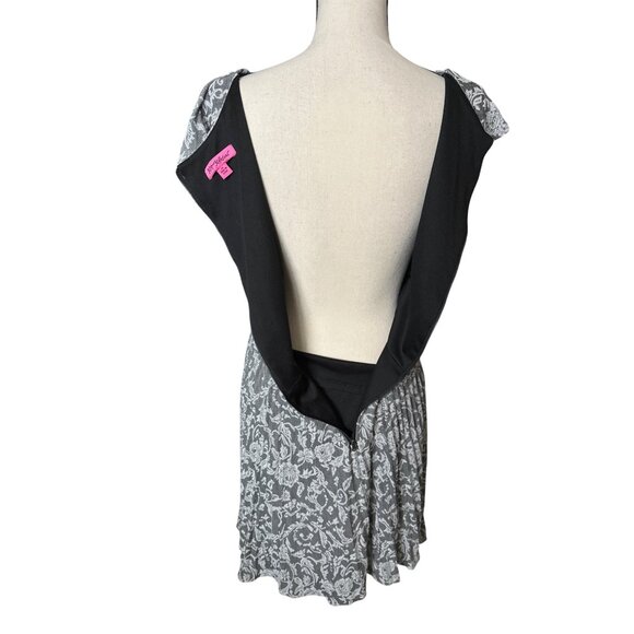 Betsey Johnson Dress Gray & White Floral Print Pleated  Cowl Neck Back Zipper 14 - Picture 5 of 8